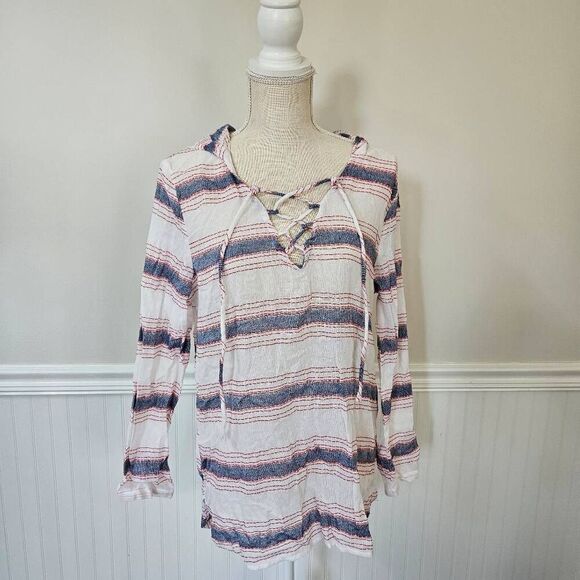 3/$15 Miken Red White & Blue Striped Hooded Swim Coverup Dress Size Medium - Picture 1 of 5